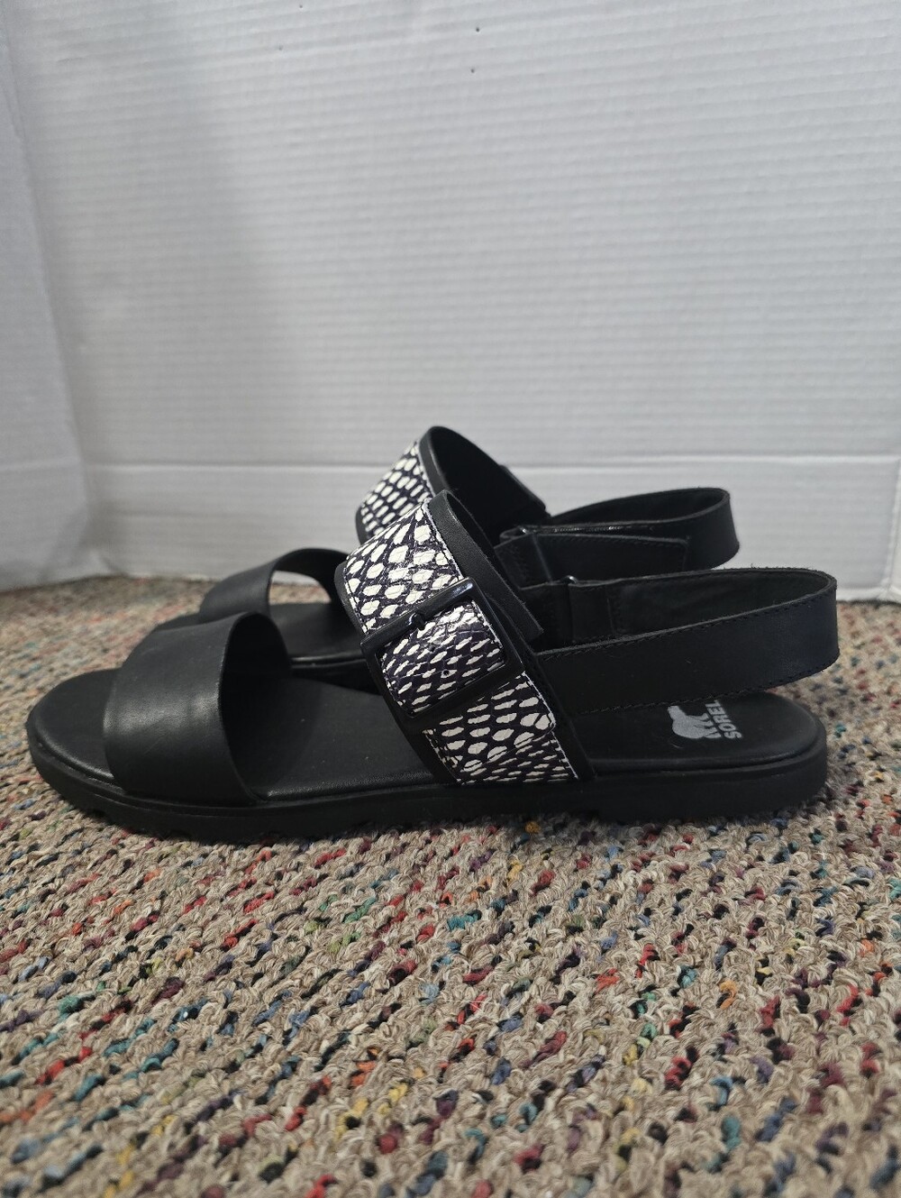 Sorel Ella Iii Slingback Flat Sandal Black White Women's 12 Velcro Buckle